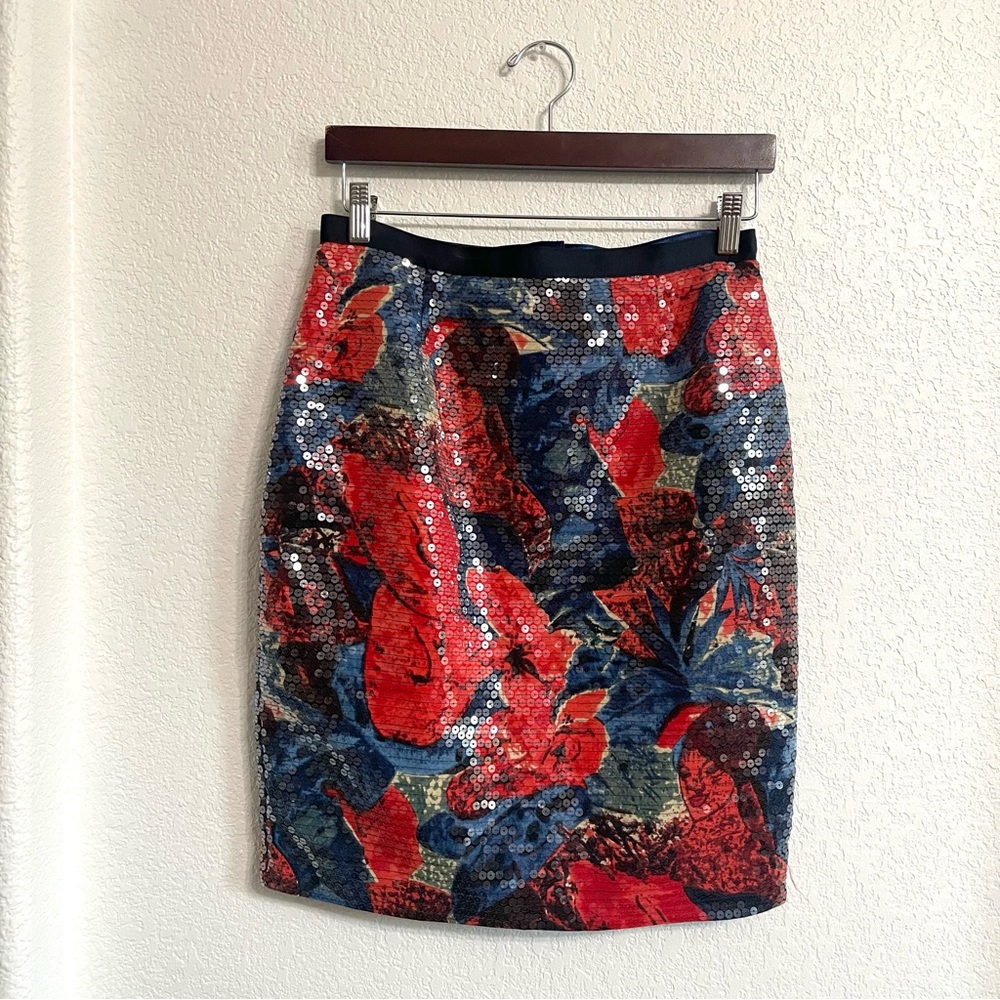 Wolven Womens Skirt Blue Red Sequin Sugared Fleur Pencil Back Slit Size 8